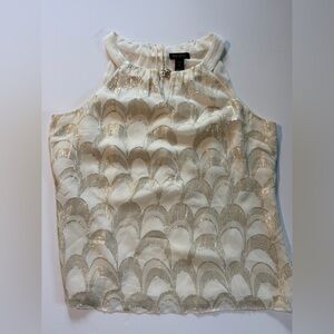 White House Black Market White Silk Halter Camisole with Gold Metallic Scallop